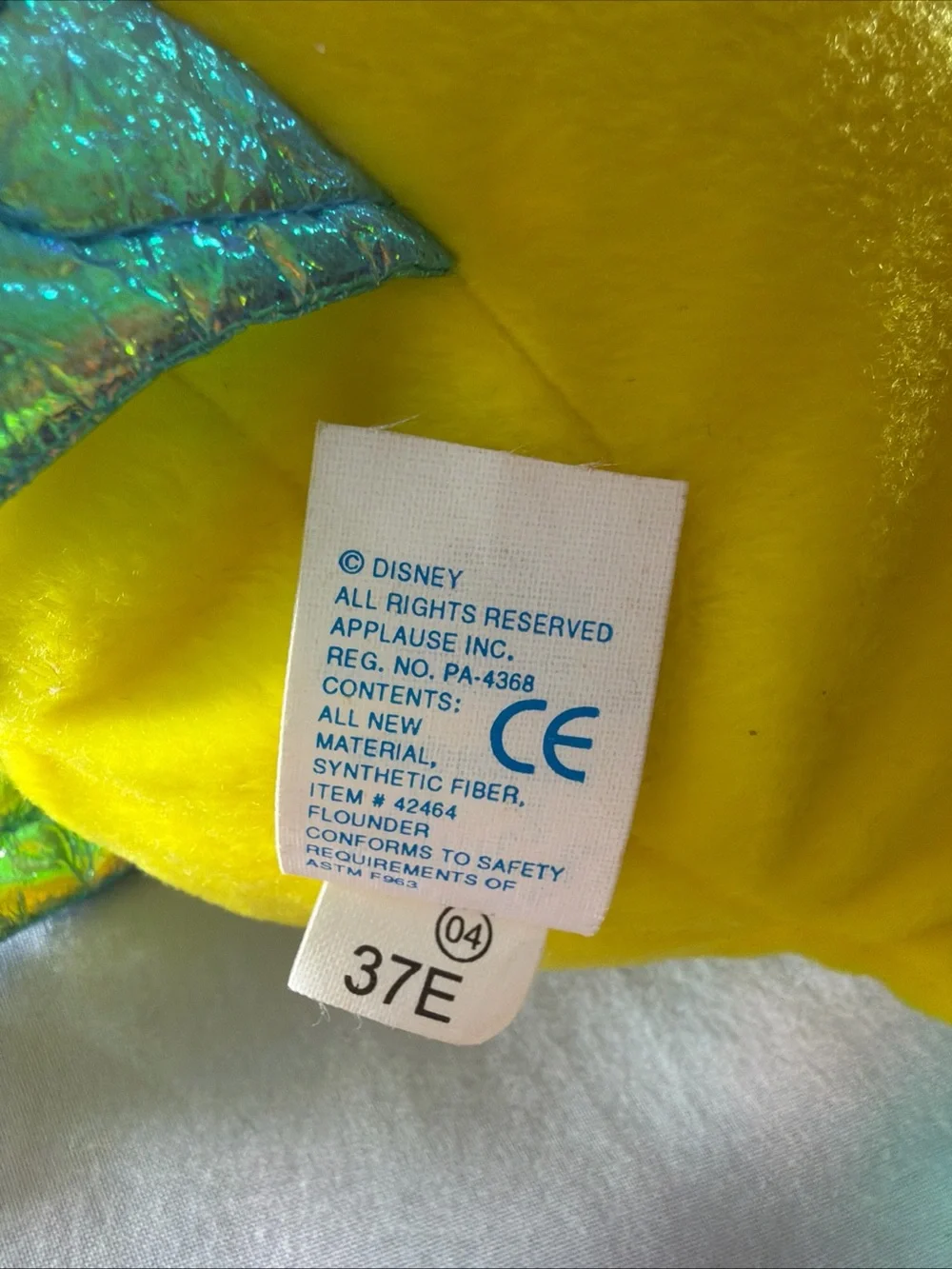 Disney Yellow & Blue Flounder Plush Fish with Shimmery Green Fins